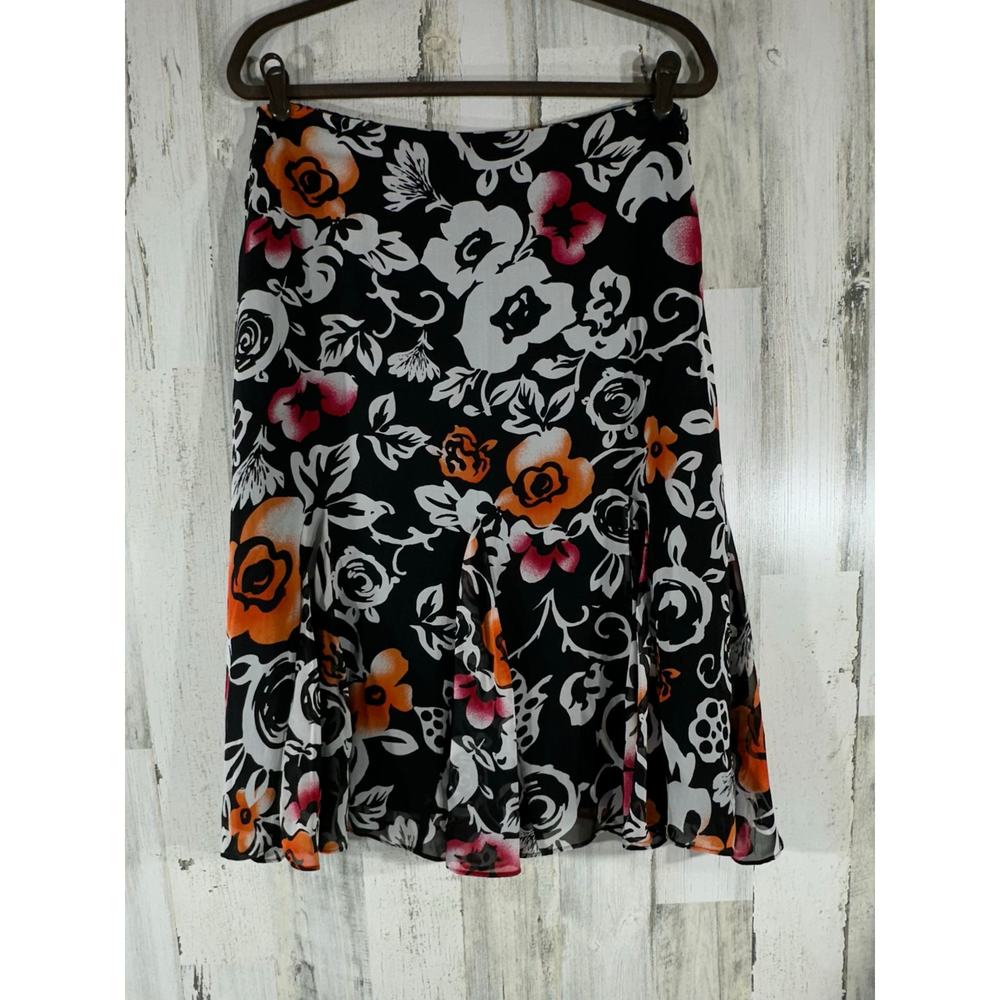 Chicos Midi Godet Skirt Sz 1 (Measured Small) Silk Black Floral Ruffle Lined Zip